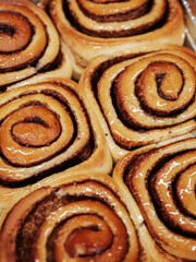 A cinnamon rolls (cinnamon bun, cinnamon swirl, cinnamon snail) close up. Fresh pastries in the bakery