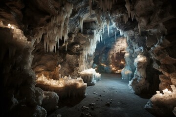 A mesmerizing hidden grotto adorned with shimmering crystals and illuminated by ethereal light. Generative AI