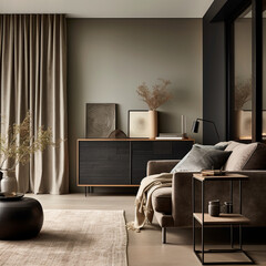 An elegant living room decorated with blackout curtains and elegant furniture