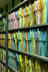File folders paper for keep in order data sheet in filing shelves. Paper document colour folder in storage room.