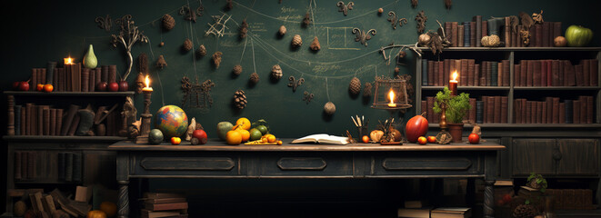 chalkboard wallpaper with education materials, books and science equipments on the desk and cupboard