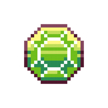 Pixel art Green Emerald Gem Icon. Retro Style Game Asset or Arcade Element. 8 Bit Pixel Jewel Gemstone Treasure. 