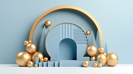 3D Render of Blue Podium with Exquisite Christmas Tree Decorations, AI Generated
