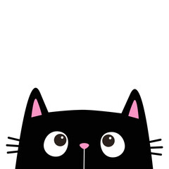 Cute black cat head face silhouette looking up. Pink ears. Cartoon character. Kawaii kitten animal. Baby card. Pet collection. Flat design. Sticker print. White background.