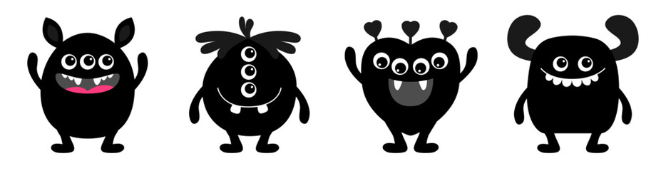 Monster set line. Black silhouette monsters. Happy Halloween. Cartoon kawaii funny boo character. Cute face with teeth, horns, eyes. Childish baby collection. White background. Flat design.