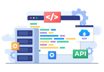 Application Programming Interface concept, API provides the interface for communication between applications, Software development tool, Internet and networking, simplifying application integration 
