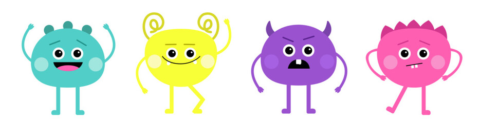 Monster set line. Colorful monsters. Long legs, hands. Happy Halloween. Cute cartoon kawaii funny boo character. Childish baby collection. Sticker print. White background. Flat design.