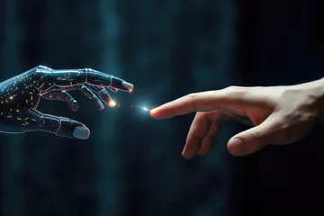 Fotobehang Human hand connecting with AI robot hand. © David