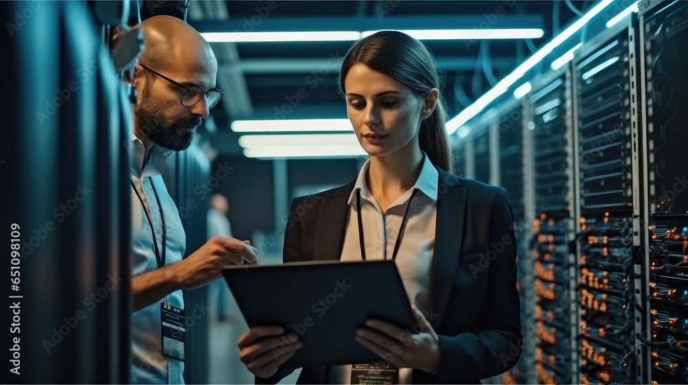 Leinwandbilder two it administrator man and woman using a digital tablet while working in a data centre.