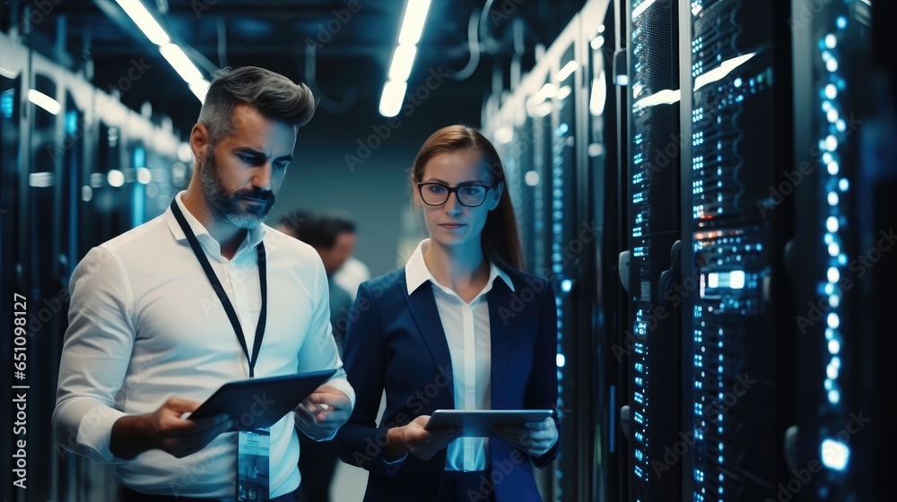 Leinwandbilder two it administrator man and woman using a digital tablet while working in a data centre.