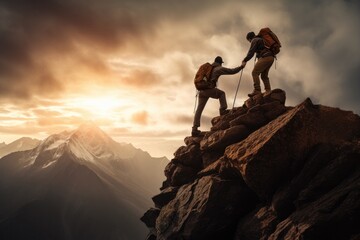 Mountaineer helping friend to the summit of a mountain at sunset - obrazy, fototapety, plakaty
