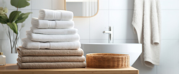 Obraz na płótnie Canvas Stack of clean soft towels in a beautiful bright bathroom