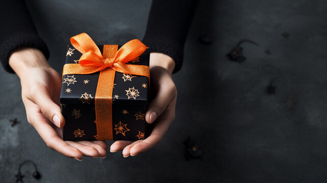 Female hands holding a black gift box with orange bow on dark background generativa IA