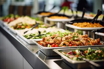 Hot buffet food in restaurant serving trays