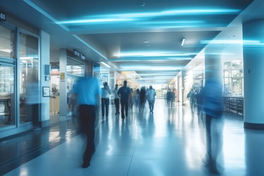 Busy modern office corridor with blurred office workers and light trails 