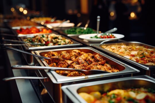 Hot buffet food in restaurant serving trays