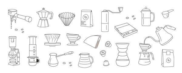Manual alternative coffee brewing methods and tools hand drawn doodle style icons. Set of coffee utensils outline thin line graphics. Vector flat style isolated elements for cafe, menu, coffee shop.