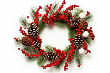 Fototapeta na wymiar A Christmas wreath with red berries and pine cone, with a white background. Generative AI