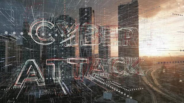 Cyber attack Cyber Security threat animation logo with aerial skyline of modern smart city at sunset