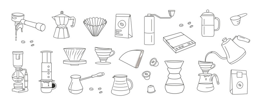 Manual alternative coffee brewing methods and tools hand drawn doodle style icons. Set of coffee utensils outline thin line graphics. Vector flat style isolated elements for cafe, menu, coffee shop.