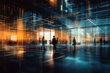 Modern glass office buildings, with blurred office workers and light trials