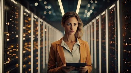 IT engineer woman computer administrator working in server room, Digital world.