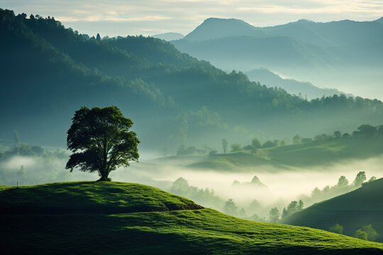 Beautiful landscape with a lonely tree in the morning misty hillside. 