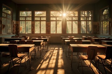 Empty, classrooms with sunshine, coming through windows