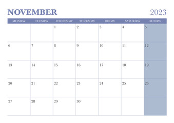 2023 november calendar start on monday, purple color