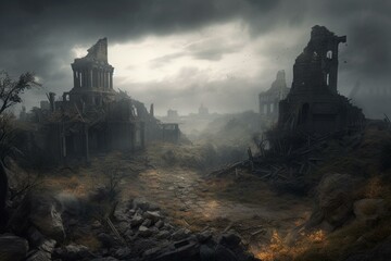 Image depicting a ruined world with a bleak atmosphere. Unique artwork. Generative AI