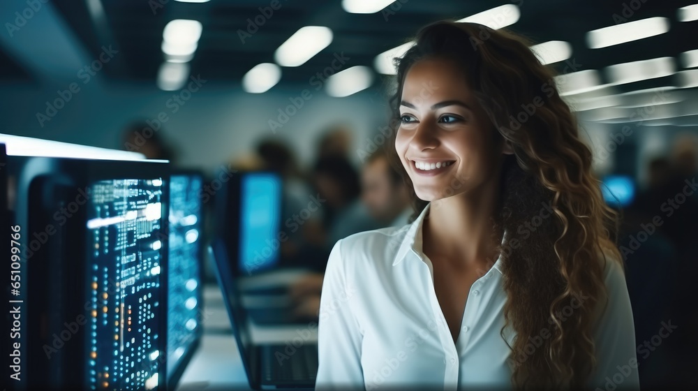 Poster Woman technician running diagnostics on computer servers in a server farm, IT Professional Admin in Data Center.