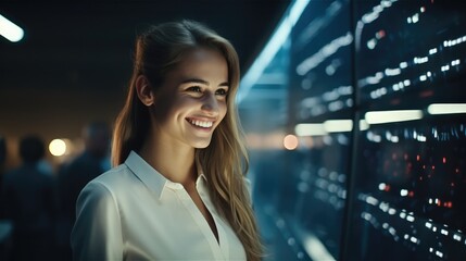 Young IT Engineers woman working in supercomputer electricity backup room.
