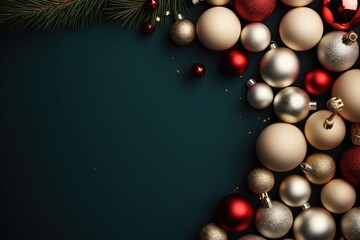 Christmas Decoration With Fir Branches and baubles On a red background with copy space, Top view.
