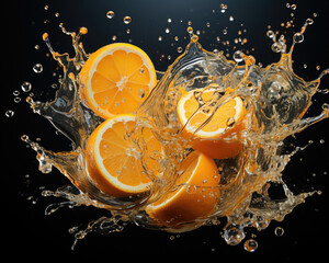 Orange slices with water splash fresh juice preparation on black background