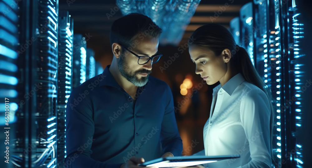 Poster it engineer man and woman using laptop diagnostics or doing maintenance in server room.