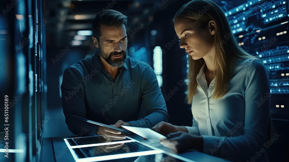 Leinwandbilder Two IT man and woman using a digital tablet while working in a data centre, Professional computer engineers, Developers and programmers planning data coding interface for mainframe.