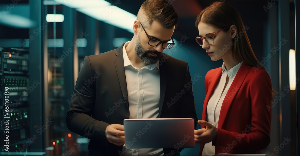 Leinwandbilder Two IT man and woman using a digital tablet while working in a data centre, Professional computer engineers, Developers and programmers planning data coding interface for mainframe.