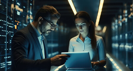 IT advisors working and discussing in Server room.
