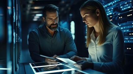 Two IT man and woman using a digital tablet while working in a data centre, Professional computer engineers, Developers and programmers planning data coding interface for mainframe.