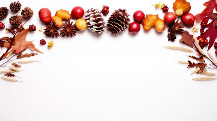 Autumn creative frame composition with dried leaves, chestnuts, red berries and cones on white background. Generative AI
