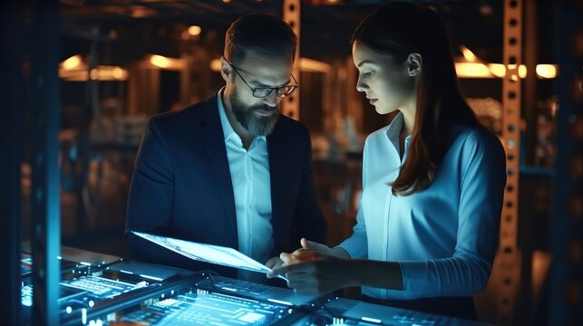 IT advisors working and discussing in Server room.