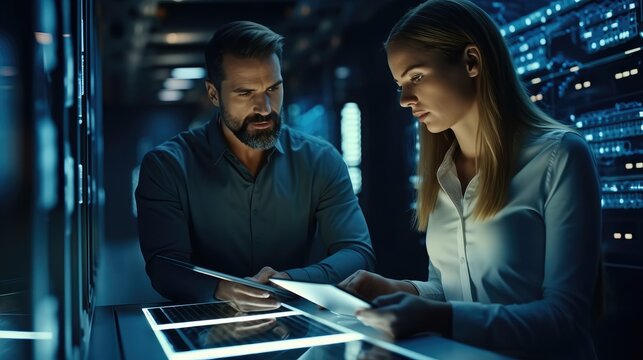 Two IT man and woman using a digital tablet while working in a data centre, Professional computer engineers, Developers and programmers planning data coding interface for mainframe.