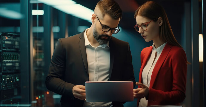 Two IT man and woman using a digital tablet while working in a data centre, Professional computer engineers, Developers and programmers planning data coding interface for mainframe.