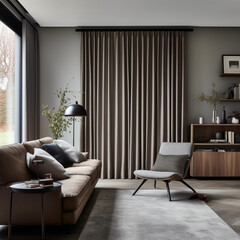 Contemporary classic living room with blackout curtains and elegant furniture