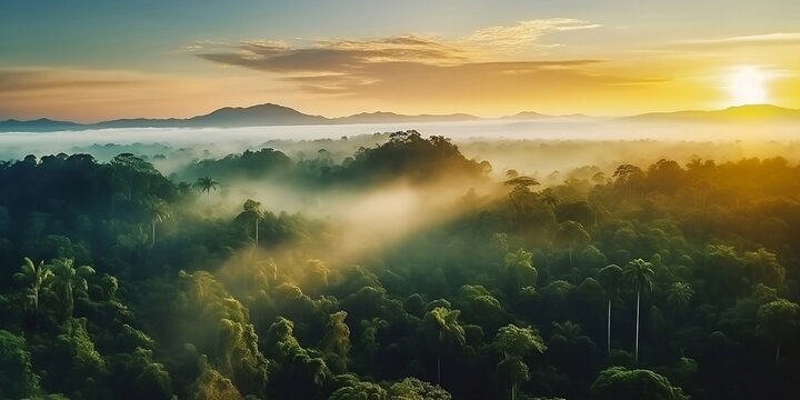 Beautiful green amazon forest landscape at sunset sunrise. Adventure explore air dron view vibe. Generated by AI
