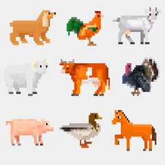 Pixel set of pets, farm animals. 8 bits 16 bits. Retro game