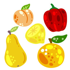 Fruits and vegetables isolated on white. Set of fresh vegetarian food. Delicious sweet snack dessert in colorful cartoon style. Pepper, pear, apricot, peach and lemon.