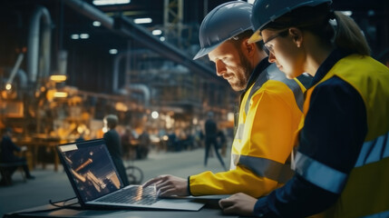 Industrial Engineers man and woman are discuss new project while using Laptop at a heavy industry manufacturing factory.