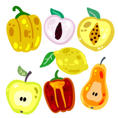 Fruits and vegetables isolated on white. Set of fresh vegetarian food. Delicious sweet snack dessert in colorful cartoon style. Apple, Pepper, pear, apricot, peach and lemon.
