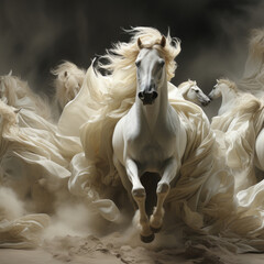 Fantastic white horse in white linen, blankets galloping, run fast on background of black smoke and white horses herd